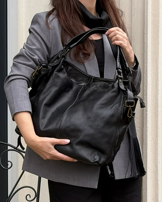 Torba skórzana wysokogatunkowa na ramię styl miejski shoulder leather bag - MARCO MAZZINI czarna