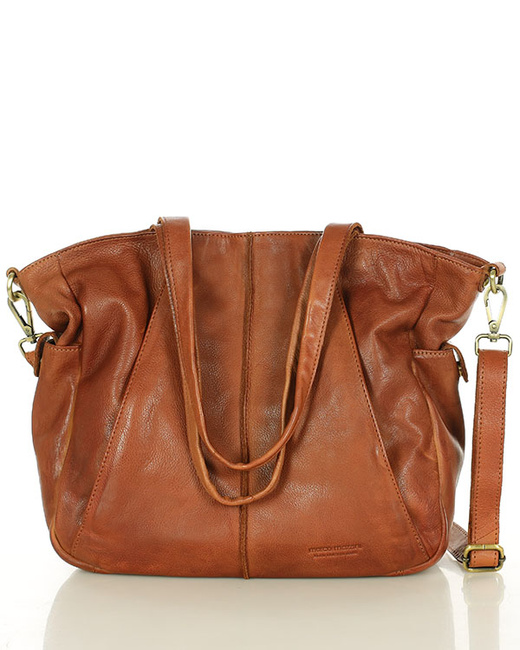 Miękka torebka skórzana shopperka na ramię - MARCO MAZZINI - brąz camel