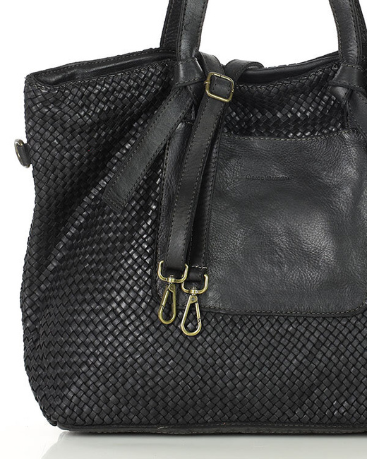 Oryginalna torebka pleciona damska skórzany shopper bag - MARCO MAZZINI czarna