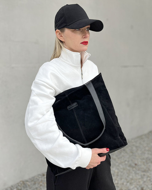 Miękka torba zamszowa skórzana shopper na ramię - MARCO MAZZINI - czarny