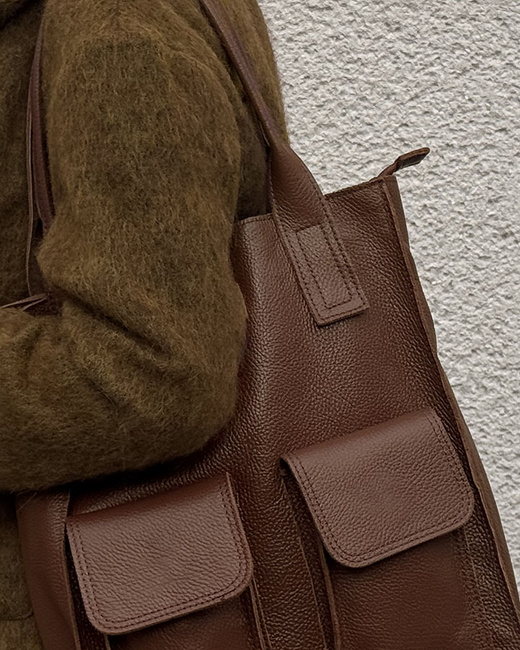 Torebka skórzany shopper bag z kieszeniami - MARCO MAZZINI czekoladowy brąz