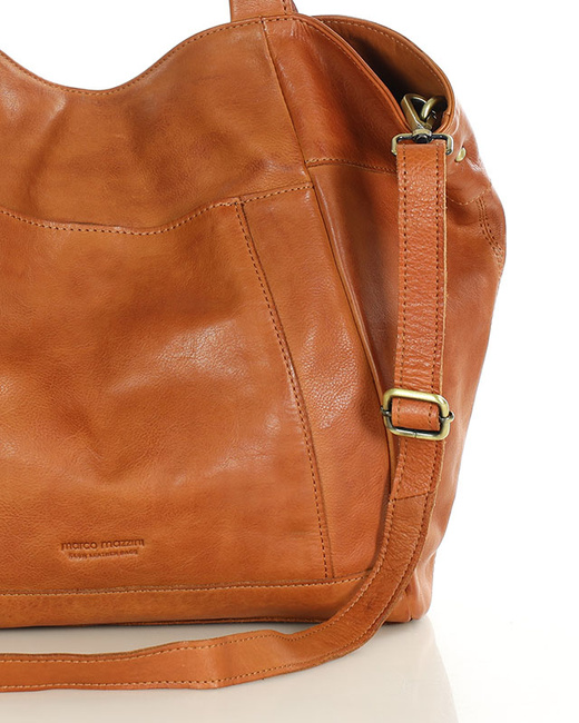 Duża skórzana torebka shopper z kieszenią - MARCO MAZZINI brąz kamelowy