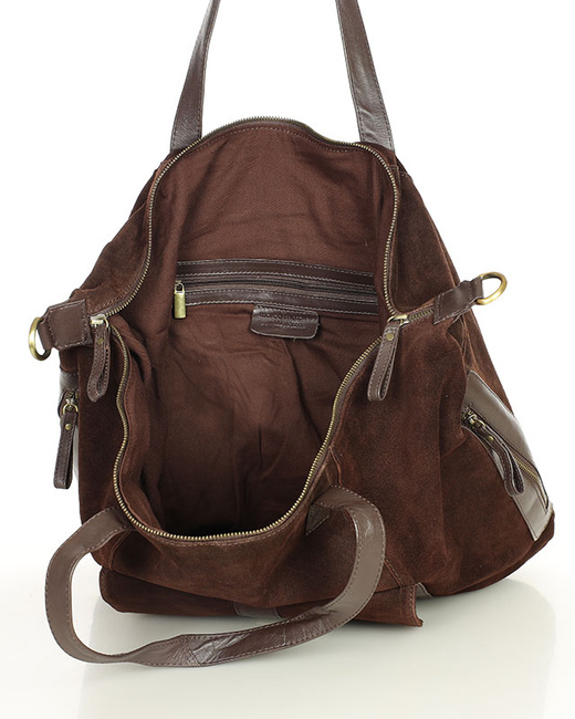 Duża ciemnobrązowa shopperka zamszowa skórzana z kieszenią – MARCO MAZZINI