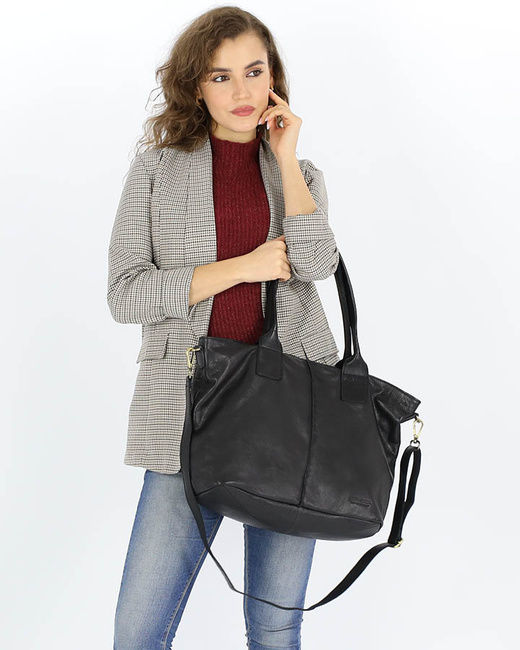 Czarna torebka skórzana na ramię shopper na długich rączkach - MARCO MAZZINI