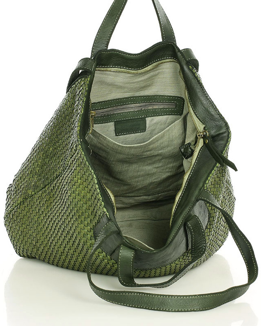 Torba damska pleciona shopper & shoulder leather bag - MARCO MAZZINI zielony militare