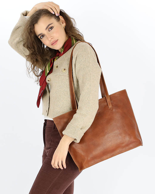 Duża torba shopperka biznesowa damska skórzana - MARCO MAZZINI brązowa