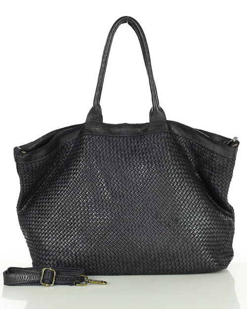 Duża torba shopper z plecionej skóry naturalnej - MARCO MAZZINI czarna
