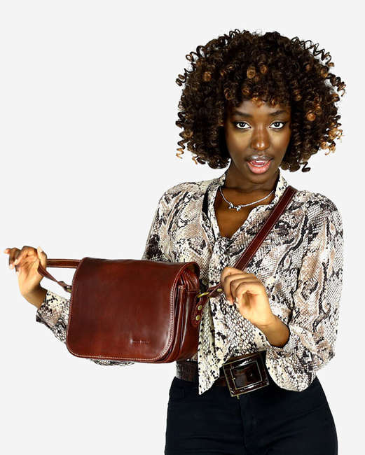 Włoska torebka listonoszka skórzana z klapą MARCO MAZZINI - Alabama Classico brązowa