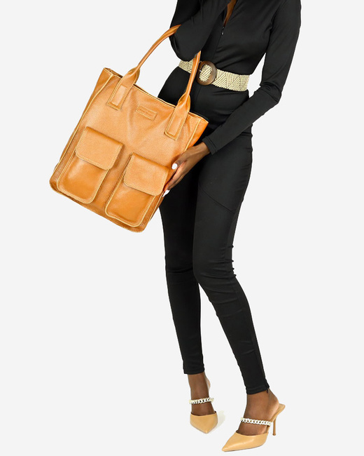 Torebka skórzany shopper bag z kieszeniami - MARCO MAZZINI Ravenna brąz camel