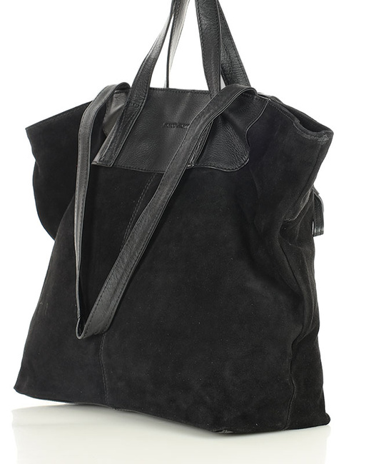 Duża torba zamszowa skórzana podwójne rączki - MARCO MAZZINI czarna