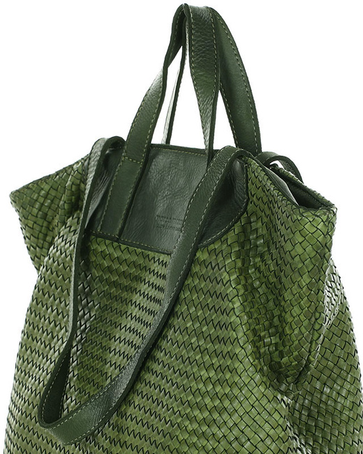Torba damska pleciona shopper & shoulder leather bag - MARCO MAZZINI zielony militare