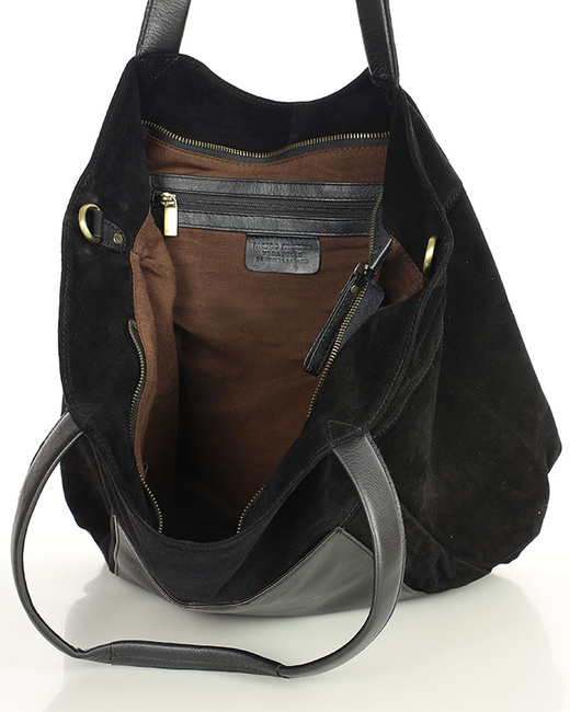 Duża torba zamszowa shopper skórzany z kieszenią - MARCO MAZZINI czarny