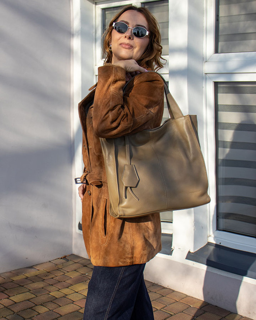 Modna torebka damska skórzany shopper bag - MARCO MAZZINI Portofino Max beżowy taupe