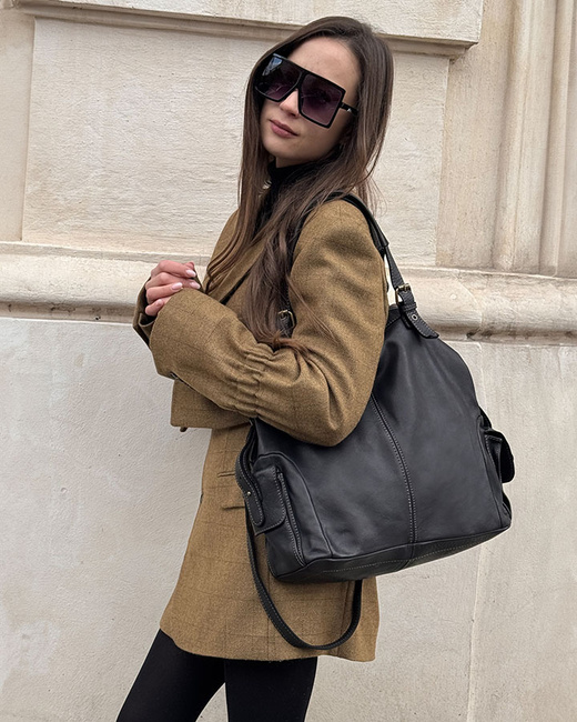 MARCO MAZZINI Miejska torba skórzana z regulowaną rączką old leather handmade czarna