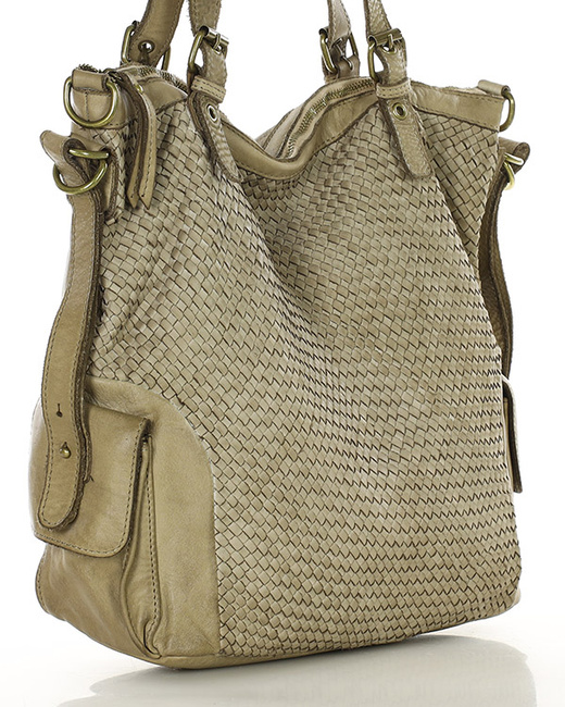 Miejska torebka regulowane raczki shopper pleciona skóra handmade MARCO MAZZINI beż jasny