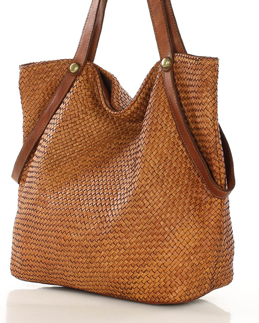 Duża torebka pleciona shopperka ze skóry - MARCO MAZZINI camelowa