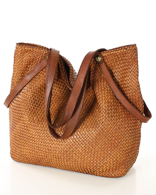 Duża torebka pleciona shopperka ze skóry - MARCO MAZZINI camelowa