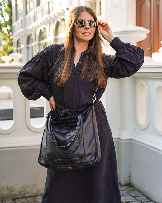 Torba shopper czarna z kieszeniami skóra naturalna – Marco Mazzini