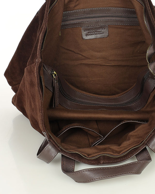 Duża torba zamszowa skórzana podwójne rączki - MARCO MAZZINI ciemny brąz