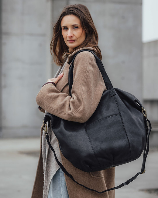 Torba damska skórzana shopper z kieszeniami - It bag MARCO MAZZINI czarna