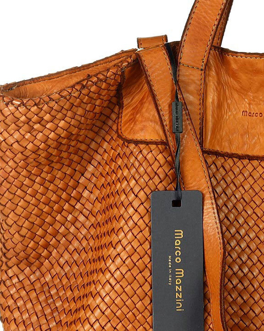 Torba damska pleciona shopper & shoulder leather bag - MARCO MAZZINI brąz karmel