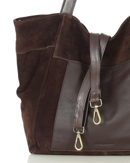 Duża torba zamszowa shopper skórzany z kieszenią - MARCO MAZZINI ciemny brąz