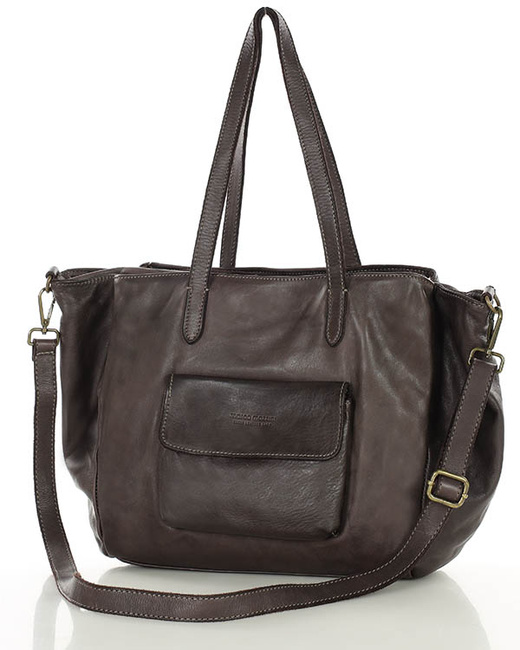 Torebka damska trzykomorowa shopperka skórzana - MARCO MAZZINI ciemny brąz