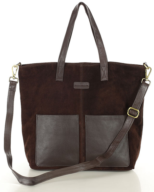 Torebka damska shopper duża zamszowa z kieszonkami – MARCO MAZZINI ciemnobrązowa