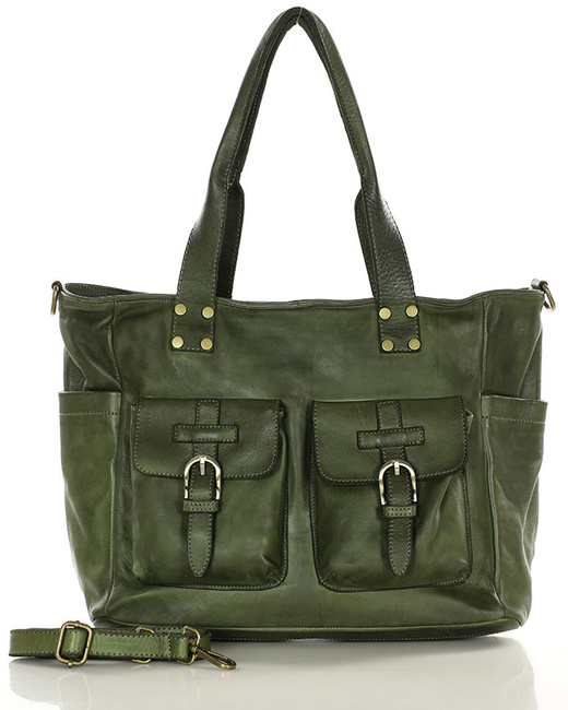 Torba skórzana shopper XL na ramię z dwoma kieszeniami MARCO MAZZINI zielona