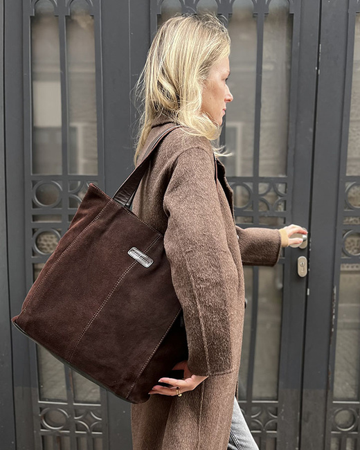 Miękka torba zamszowa skórzana shopper na ramię - MARCO MAZZINI - ciemny brąz