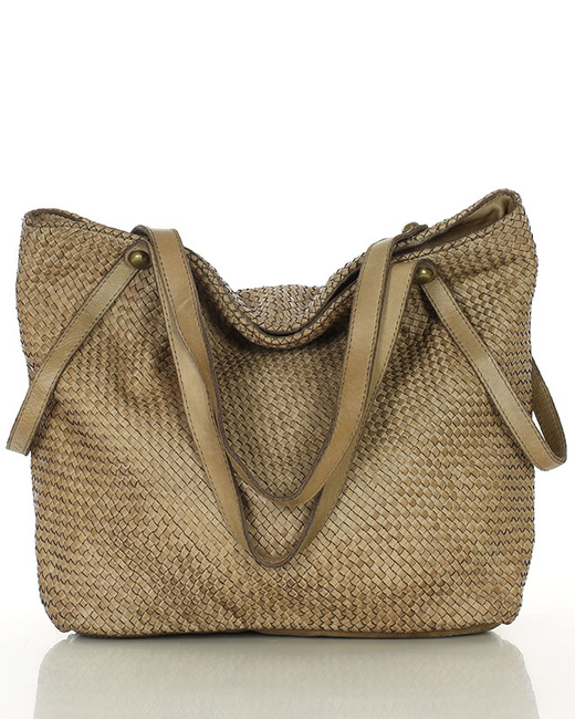 Duża torebka pleciona shopperka ze skóry - MARCO MAZZINI beżowa