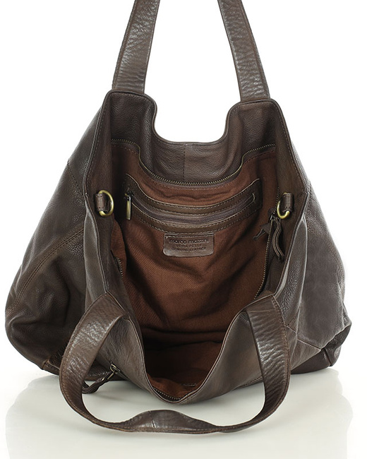 Duża skórzana torebka shopper z kieszenią - MARCO MAZZINI czekoladowy brąz