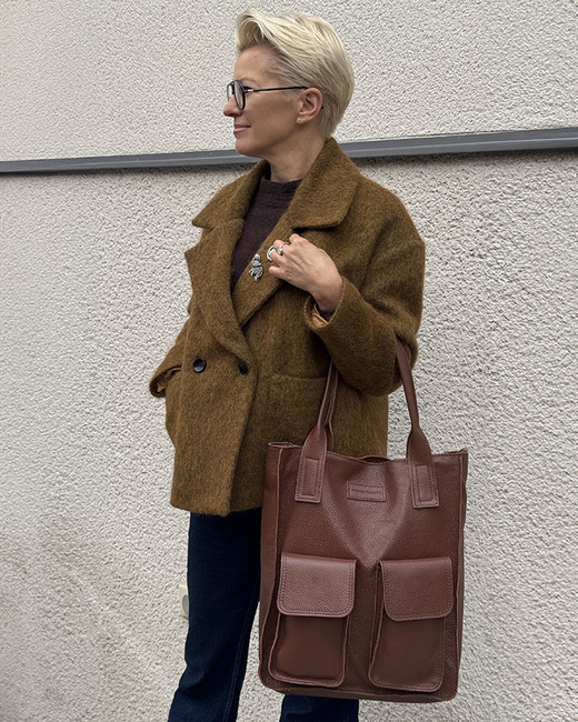 Torebka skórzany shopper bag z kieszeniami - MARCO MAZZINI czekoladowy brąz