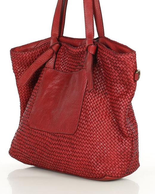 Oryginalna torebka pleciona damska skórzany shopper bag - MARCO MAZZINI bordowy czerwony