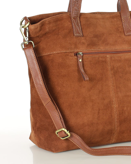 Torebka damska shopper duża zamszowa z kieszonkami – MARCO MAZZINI brązowa