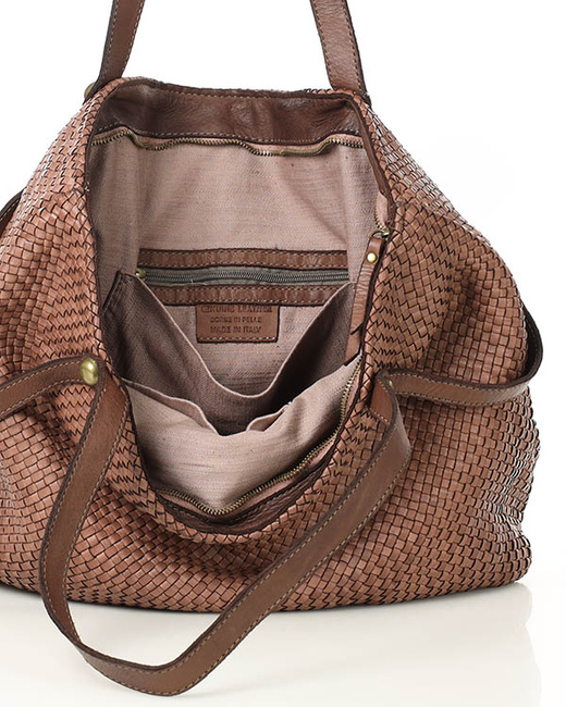 Duża torebka pleciona shopperka ze skóry - MARCO MAZZINI brązowa