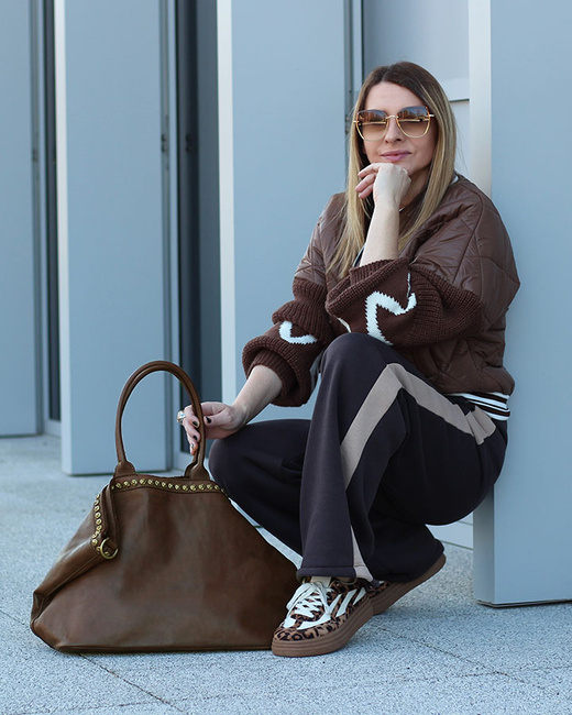 Duża torebka skórzana oversize style shopper bag - MARCO MAZZINI czekoladowy brąz