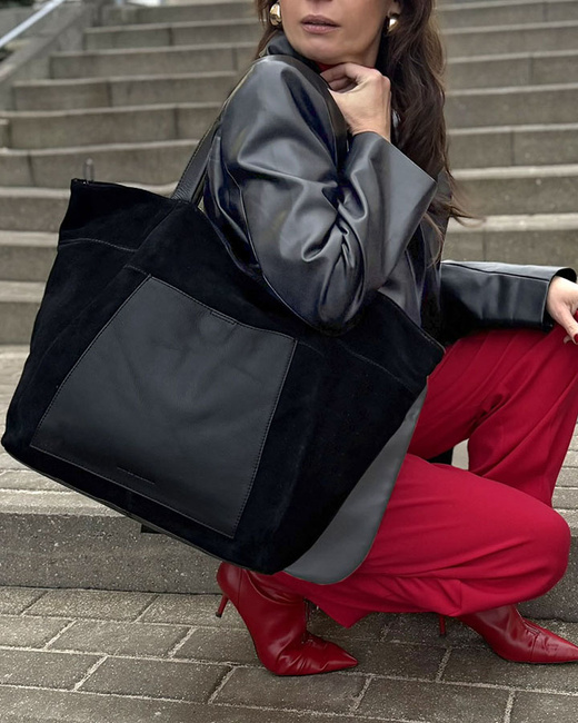 Duża torba zamszowa shopper skórzany z kieszenią - MARCO MAZZINI czarny
