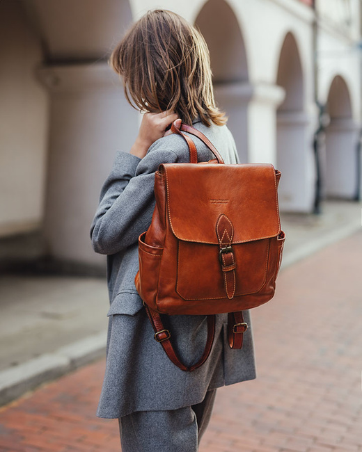 Plecak skórzany handmade z kieszeniami - MARCO MAZZINI brąz camel