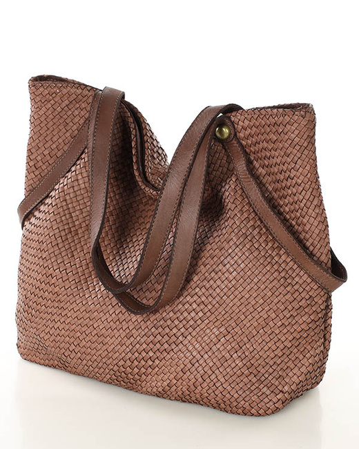 Duża torebka pleciona shopperka ze skóry - MARCO MAZZINI brązowa