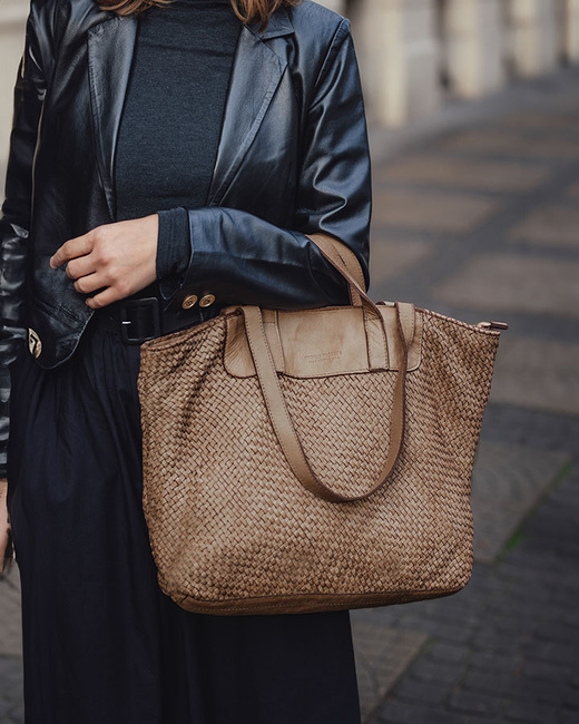 Torba damska pleciona shopper & shoulder leather bag - MARCO MAZZINI beż taupe