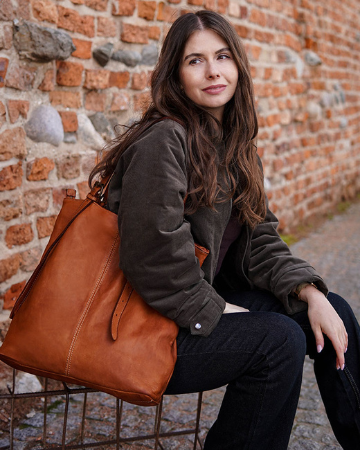 Torebka damska shopper z regulacją rączek skóra old pelle - MARCO MAZZINI brąz camel