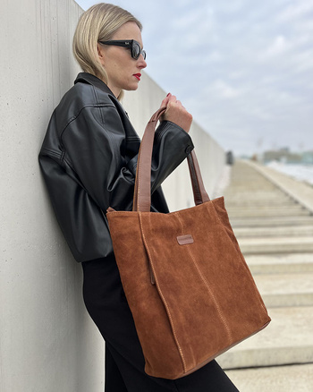 Miękka torba zamszowa skórzana shopper na ramię - MARCO MAZZINI - brązowy