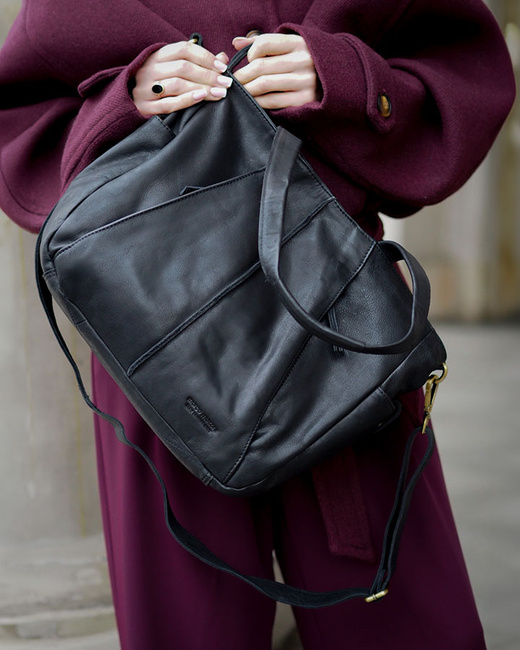 Miękka torebka skórzana shopperka na ramię - MARCO MAZZINI - czarna