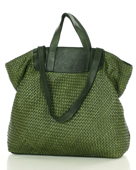 Torba damska pleciona shopper & shoulder leather bag - MARCO MAZZINI zielony militare