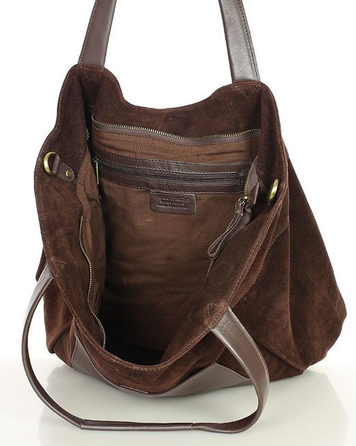 Duża torba zamszowa shopper skórzany z kieszenią - MARCO MAZZINI ciemny brąz