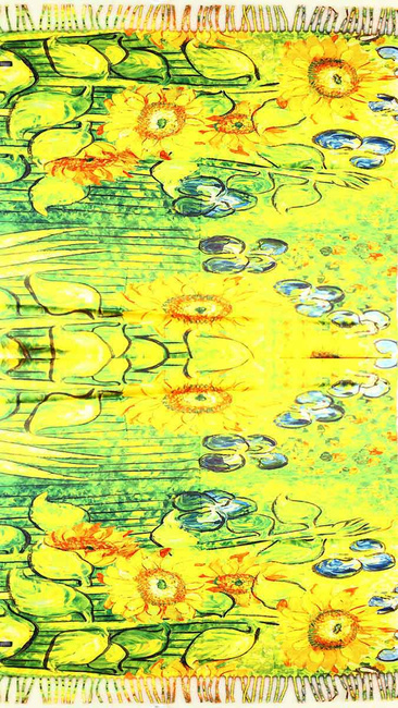 Ciepły szal damski dwustronny z wiskozy słoneczniki - zielony