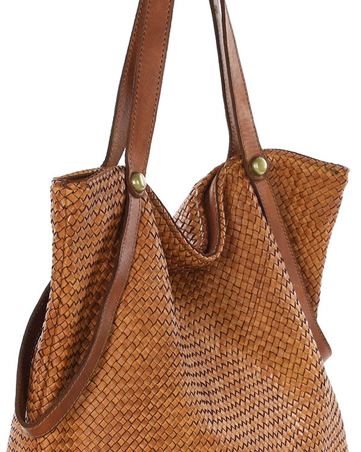 Duża torebka pleciona shopperka ze skóry - MARCO MAZZINI camelowa