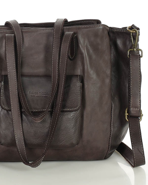 Torebka damska trzykomorowa shopperka skórzana - MARCO MAZZINI ciemny brąz