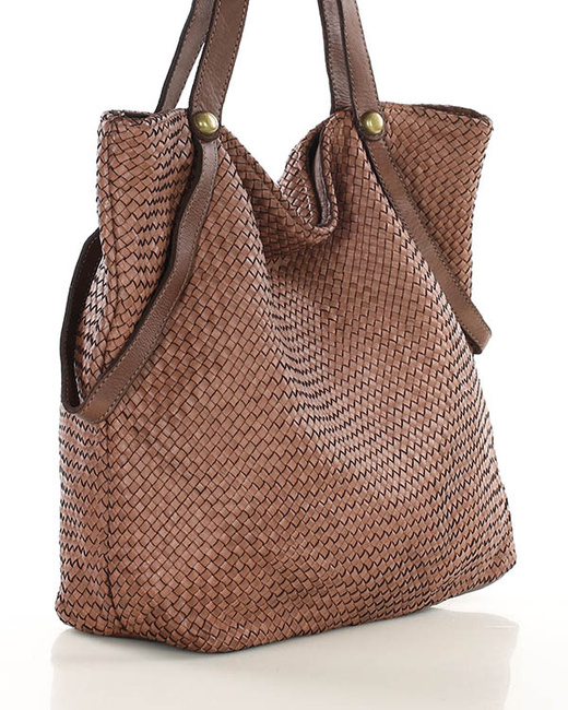 Duża torebka pleciona shopperka ze skóry - MARCO MAZZINI brązowa